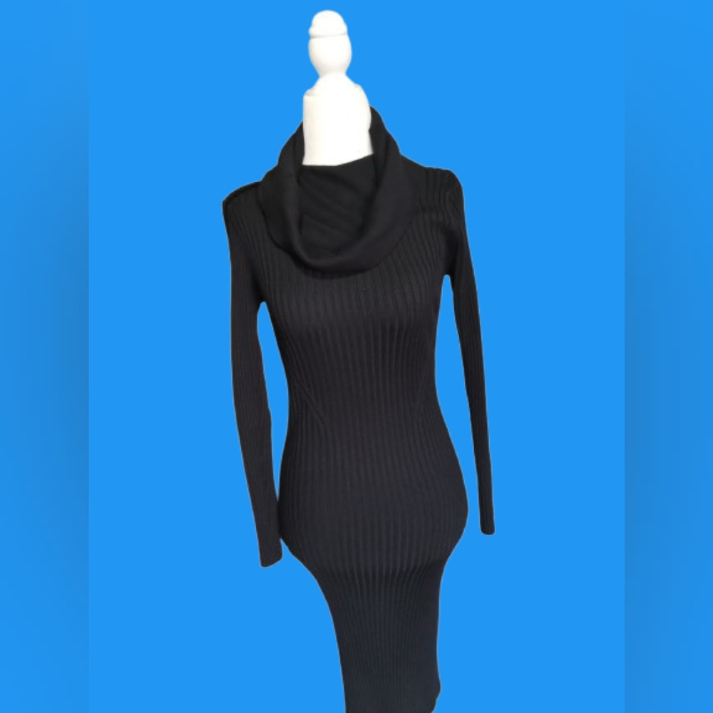 NWOT Black Ribbed Cowl Neck SweaterDress, Designer Made, Quality, Small - Picture 7 of 9